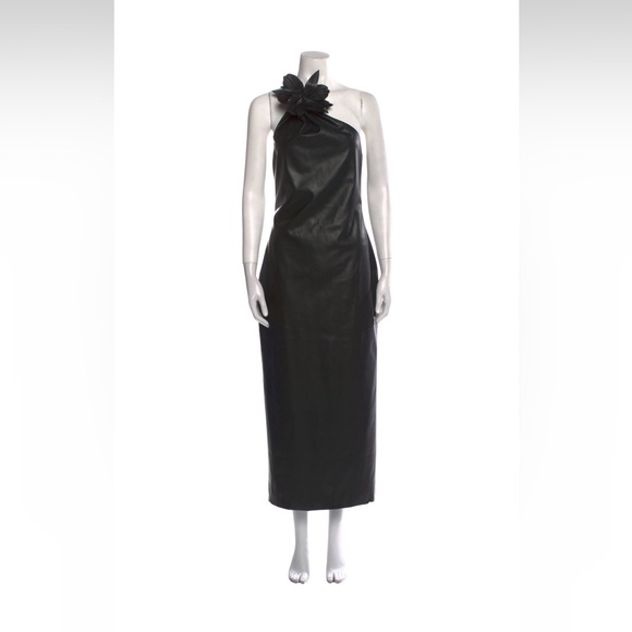 Halston Rhia Leather Elegant Black One-Shoulder Dress - Picture 1 of 4